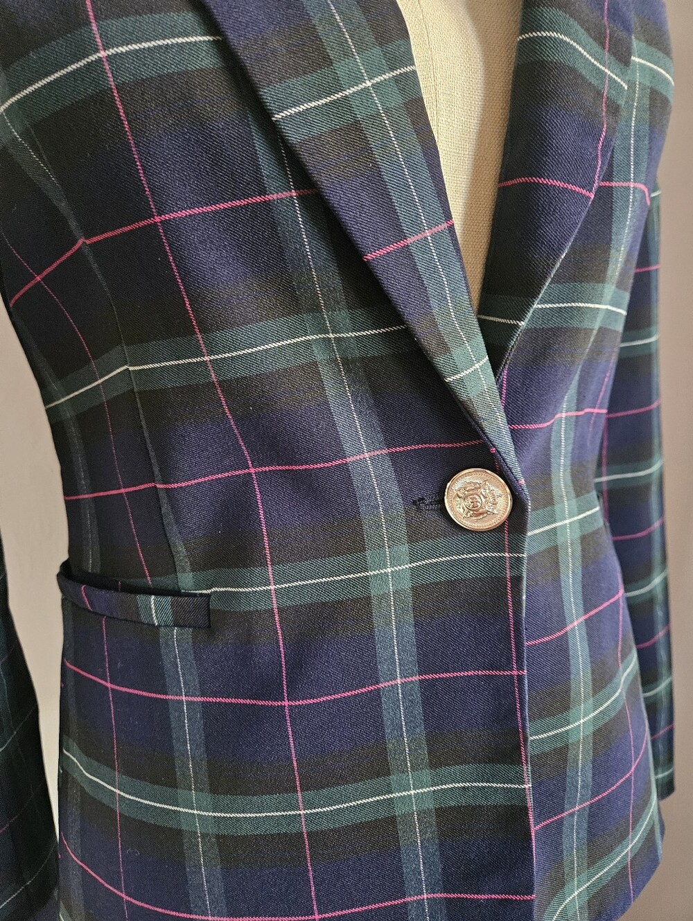 AUTRES FILLES Tartan Plaid Blazer Jacket Navy Green Pink Gold Buttons | SZ XS - Picture 4 of 8